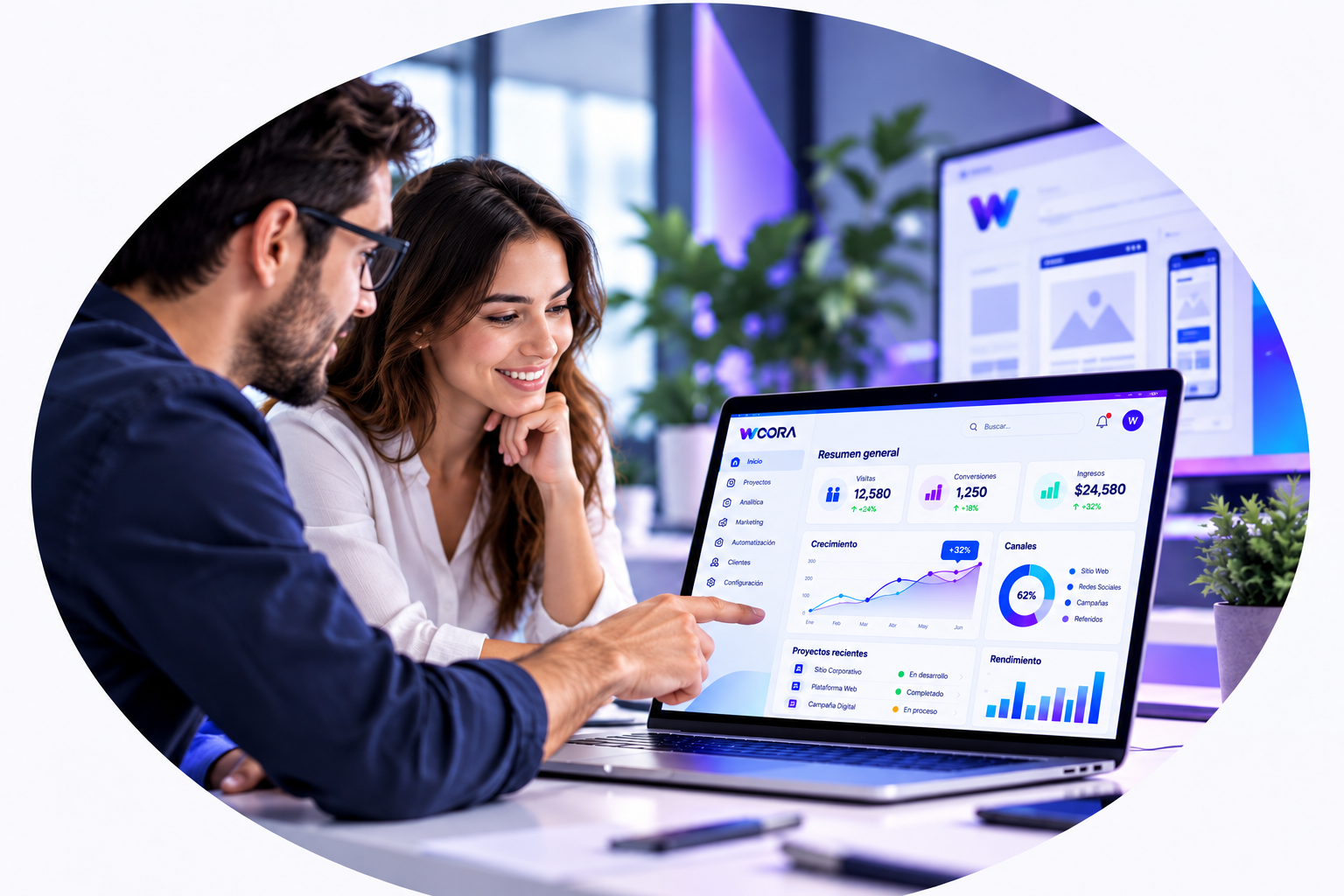 Equipo colaborando en el análisis de datos y soluciones digitales de WOORA