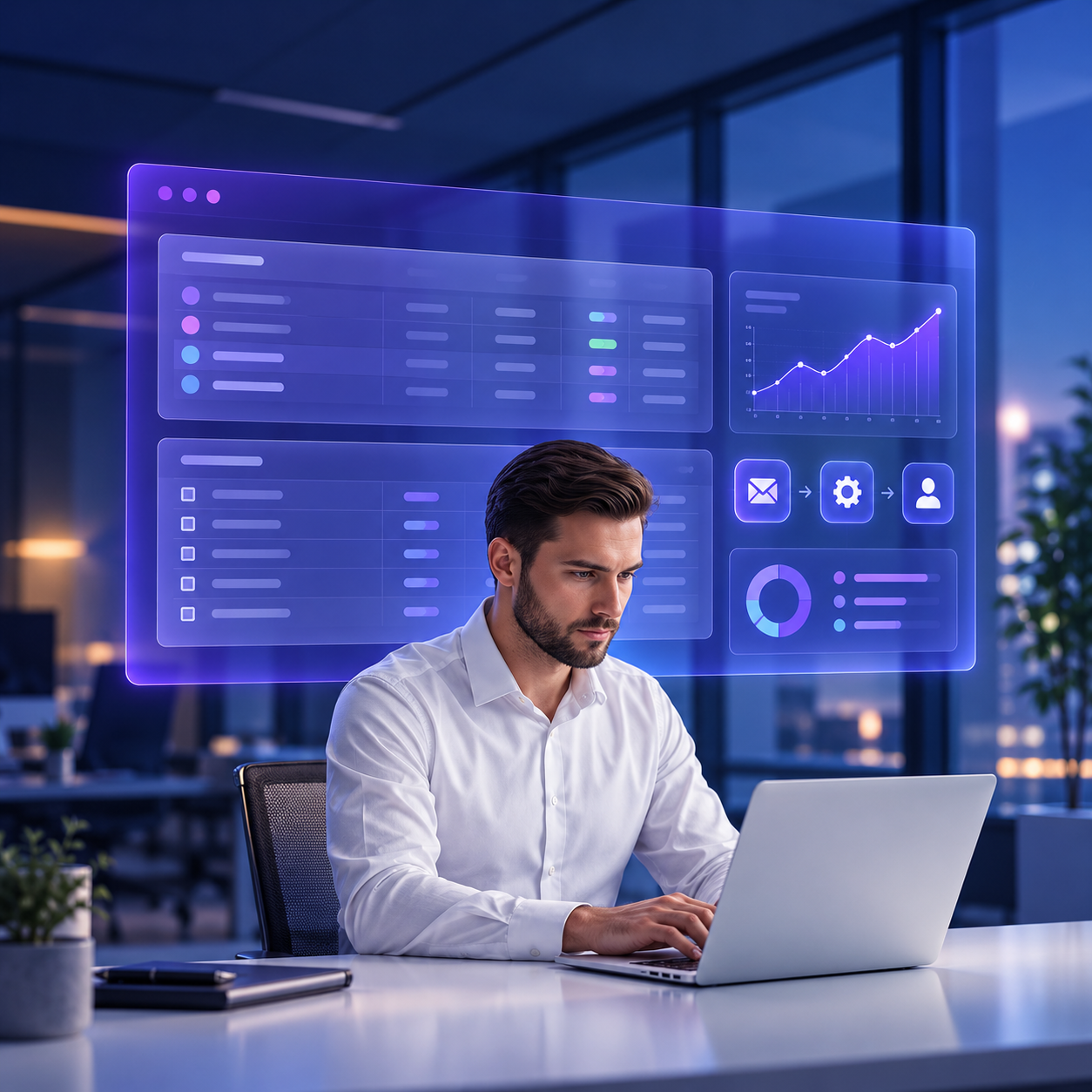 Profesional trabajando con laptop y dashboard CRM en una oficina azul